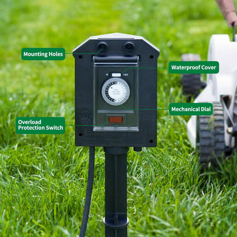 Tough As Nails 24 Hour Mechanical Outdoor Timer With Six Grounded Outlets and Six Foot Extension Cord For Garden Lighting and Patio Setup Slick Waterproof Design Zero Hassle Scheduling showing waterproof cover, mechanical dial, and overload protection switch.