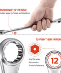 Close-up of ergonomic 15° design and 12-point box end of 5 Piece SAE Combination Wrench Set With 12 Point Chrome Vanadium Wrenches From 1 Inch To 1 And One Quarter Inch In Rolling Pouch, Pro Grade Tough And Durable, Heat Treated, Anti Rust Chrome Finish, ANSI Certified