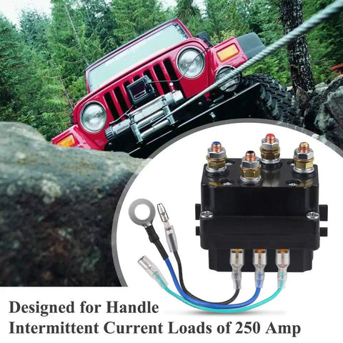 Beefy 12V 250A Winch Relay Solenoid Contactor Thumb Switch Kit for ATV UTV with protective caps shown beside red ATV