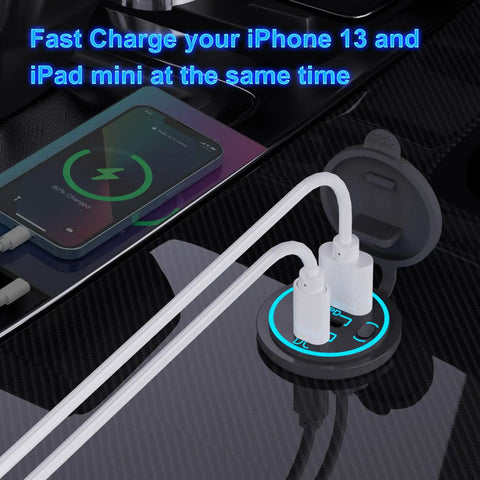Triple USB Car Charger With Dual PD3.0 USB C Ports And Quick Charge 3.0 Power Switch shown in use charging two devices.