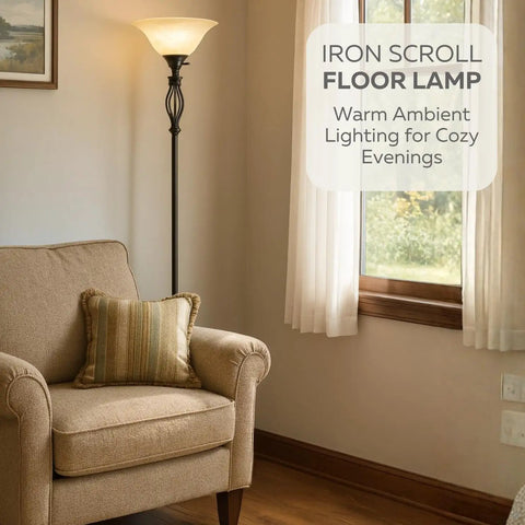 Bronze Floor Lamp With Glass Alabaster Swirl Amber Shade, Elegant Standing Lamp For Living Room and Bedroom near armchair