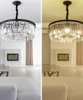 2-Tier Black Modern Crystal Chandelier With 6 Lights, 21.6 Inch Diameter Round Flush Mount Ceiling Fixture installed in living room