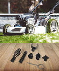 Badass Manganese Steel Drain Auger Cutting Heads 7 Piece Set For Smashing Stubborn Pipe Blockages Hair Grease And Tree Roots To Keep Your Drain Lines Flowing Smooth with assorted metal components on the table and lawnmower.
