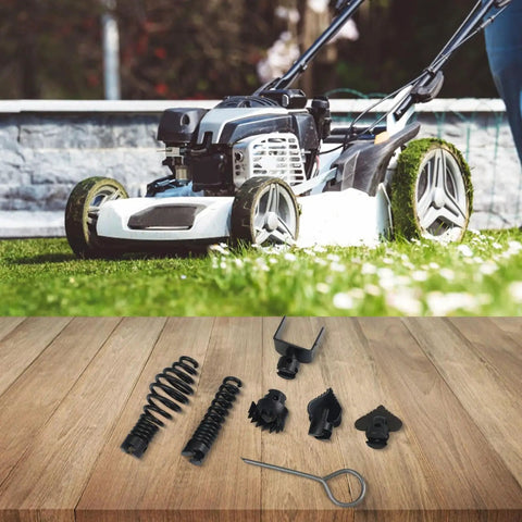 Badass Manganese Steel Drain Auger Cutting Heads 7 Piece Set For Smashing Stubborn Pipe Blockages Hair Grease And Tree Roots To Keep Your Drain Lines Flowing Smooth with assorted metal components on the table and lawnmower.