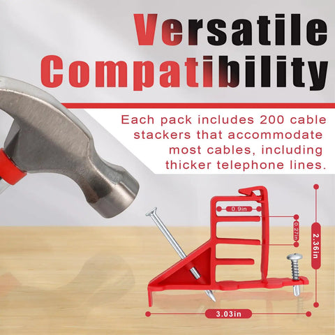 Get These 200 Pack Multi Cable Staples With Steel Nails To Secure Your Electrical Wire Stackers Fast Without Drilling And Lock Clips Keep Cables From Slipping So Your Setup Looks Clean And Super Stable, showing red cable stacker and hammer.