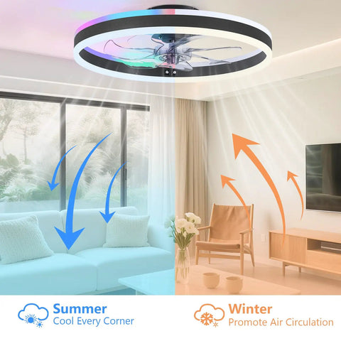 Slick Low Profile Ceiling Fan With Rgb Lights And Ultra Quiet Motor No Sweat Setup For Compact Rooms Black Flush Mount showing airflow.