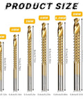 Product image showing sizes of Six Piece HSS Twist Drill Bit Set Titanium Coated Workhorse for Woodworking and Sheet Metal Drilling.