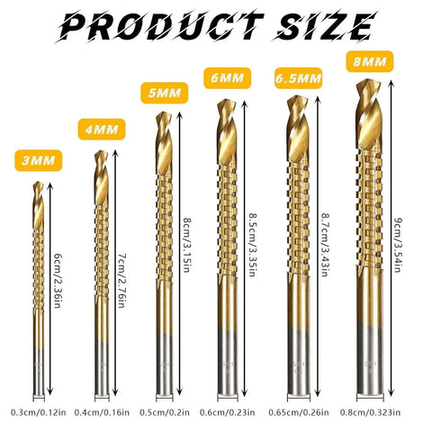 Product image showing sizes of Six Piece HSS Twist Drill Bit Set Titanium Coated Workhorse for Woodworking and Sheet Metal Drilling.