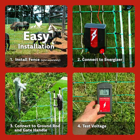 Electric Poultry Netting Accessory Set installation steps with 0.6 Joule fence charger, grounding rod, gate handle kit, voltmeter tester