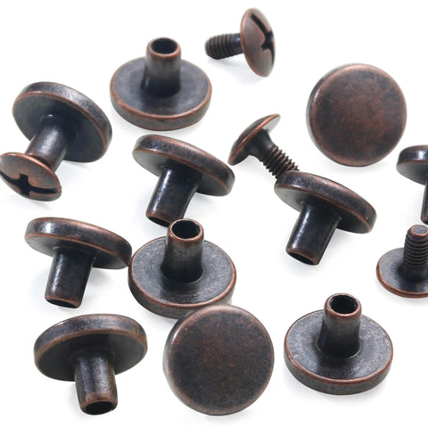 30 Set Antique Copper Chicago Screws And Leather Rivets Metal Studs For Shoes Belts Bags Purses With Heavy Duty Zinc Alloy Fasteners and Pro Install Tools for Sick Custom Gear Upgrades - close-up view of screws