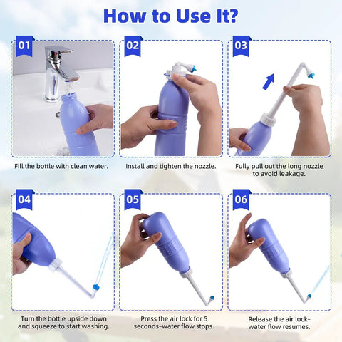 Steps to use Portable Bidet Sprayer for Personal Hygiene 620ml Travel Bottle with Extended Nozzle, showing filling and operating procedure.