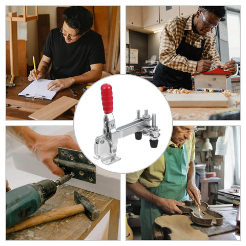 Two Pack Beefy Vertical Double Head Quick Release Welding Toggle Clamps Zinc Plated Iron Fixed Workholding Clamps For Woodworking And Metalworking Fixtures For Industrial Grade Projects shown with woodworking applications.