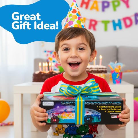 Light Up Transparent Sensory Car Toy With Bump N Go Action, Colorful Moving Gears, Music And LED Effects For Kids, A Totally Fun Easter Gift For Toddlers And A Perfect Birthday Present