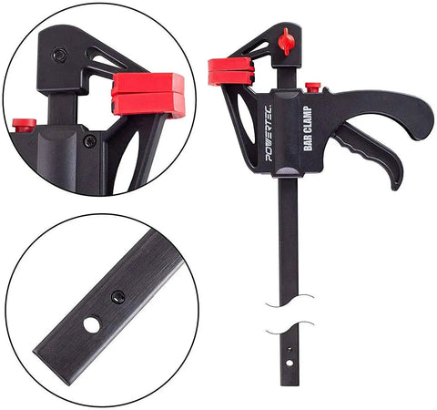 24 Inch Quick Release Bar Clamp With 30 Inch Spreader, black ratcheting design, close-up views, ideal for woodworking and DIY