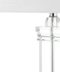 Ophelia Clear Solid Crystal LED Table Lamp With White Linen Shade, Modern Rectangular Column Design, crystal base close-up.