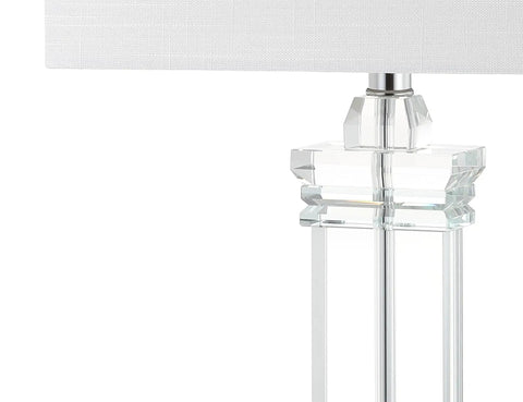 Ophelia Clear Solid Crystal LED Table Lamp With White Linen Shade, Modern Rectangular Column Design, crystal base close-up.