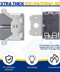Front and side view of 20 Pack 1 Gang Adjustable Square Plastic Electrical Outlet Boxes ETL Listed 21 Cubic Inch PVC Single Gang Junction Boxes For Home Improvement And Construction Flexible Installation Gray with extra thick PVC material.
