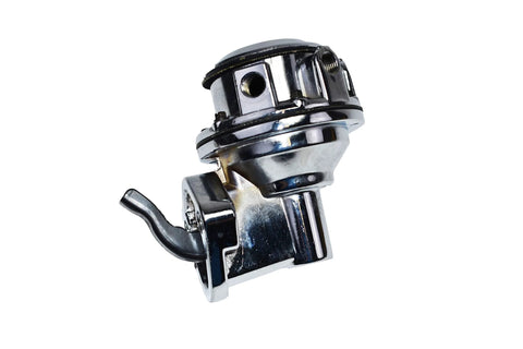 Beefed-Up Inline Mechanical Fuel Pump For Chevy And GMC Small Block 262-400, Chrome Finish, 6 PSI, 80 GPH shown from the side