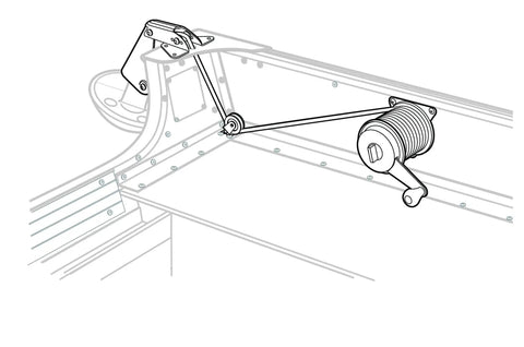Illustration of heavy duty anchor lift system for boats that drops lifts and stores your anchor easily, installed at bow with nylon wheels.