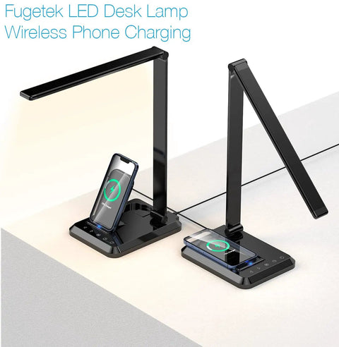LED Desk Lamp With Wireless Charger And USB Port, Touch Control, black finish, phone charging on base, for home office dorm study