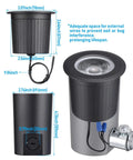 In Ground LED Well Lights Set, 7W, 720 Lumens, Low Voltage 12-24V AC DC, IP67 Waterproof, showing dimensions and housing details.