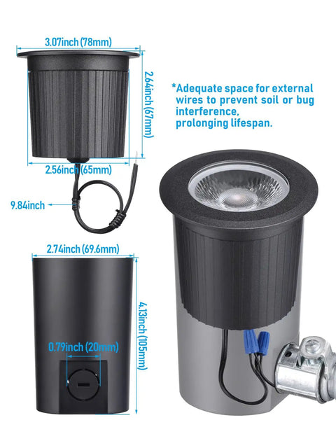 In Ground LED Well Lights Set, 7W, 720 Lumens, Low Voltage 12-24V AC DC, IP67 Waterproof, showing dimensions and housing details.