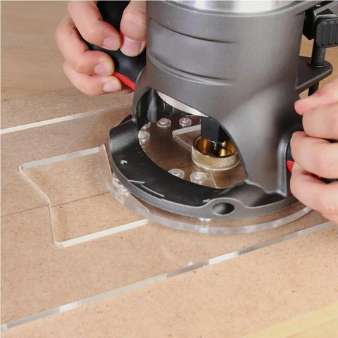 Close-up of router using Top Shelf 11 Piece Solid Brass Router Bushing Set And Template Guide Kit for clean edge profiling.