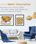 Scratch Off USA Map Wall Poster With All 63 National Parks 50 Landmarks And State Flags 24x17 Travel Tracker For Home Office Decor Includes Tools Epic Gift For Adventurers And Global Explorers displayed on wall with seating area