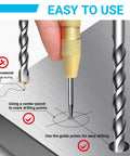 Two Pack Automatic Center Punch 5 Inch Brass Spring Loaded Hammerless Tool marking drilling points on metal surface.