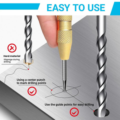 Two Pack Automatic Center Punch 5 Inch Brass Spring Loaded Hammerless Tool marking drilling points on metal surface.