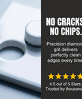 Close-up of diamond hole saw next to a cut tile, highlighting no cracks, no chips with 5-star rating text.