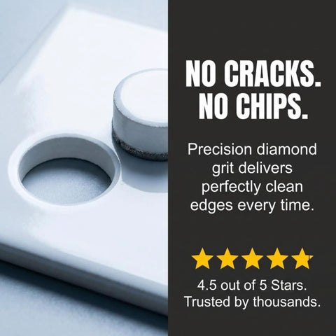 Close-up of diamond hole saw next to a cut tile, highlighting no cracks, no chips with 5-star rating text.