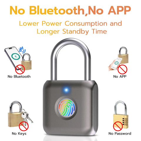 Biometric Fingerprint Smart Padlock Keyless Thumbprint Lock USB Rechargeable Waterproof Metal Lock for Gym Locker School Locker