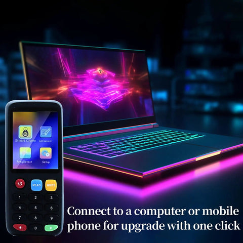 All In One Multi Frequency RFID Copier And Reader For Access Control Systems With a neon-lit laptop and smart card writer