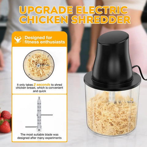Turnrise Electric Chicken Shredder Tool with Double S-Blades, black meat grinder with shredded chicken in a bowl.