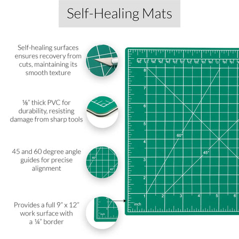 Self Healing Cutting Mat And Rotary Cutter Set For Fabric 9x12 Inches shown with grid marks and texture details