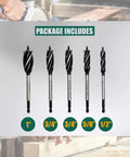 CORTOOL wood auger drill bit set, 5-piece with quick-change hex shank; sizes 1 in, 3/4 in, 5/8 in, 1/2 in