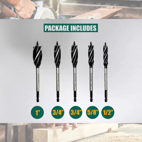 CORTOOL wood auger drill bit set, 5-piece with quick-change hex shank; sizes 1 in, 3/4 in, 5/8 in, 1/2 in