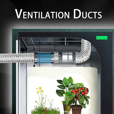 Beefy 4 Inch Dryer Vent Hose For Tight Spaces showing flexible aluminum ducting in a ventilation setup with plants.