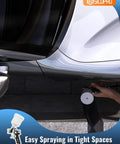 Pro Grade HVLP Paint Sprayer Gun Equipped With Ultra Fine Atomization Nozzles For Effortless House And Automotive Coatings That Delivers Sweet Results Every Single Time spraying under a car.