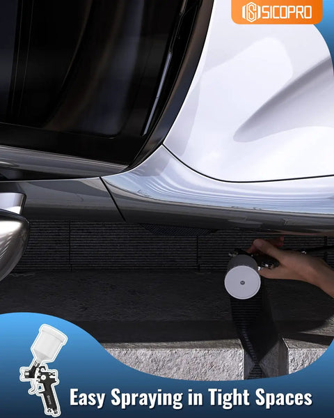 Pro Grade HVLP Paint Sprayer Gun Equipped With Ultra Fine Atomization Nozzles For Effortless House And Automotive Coatings That Delivers Sweet Results Every Single Time spraying under a car.