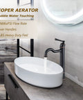 Vessel Sink Faucet Tall Deck Mount Bathroom Dope Look With ORB Finish Brass Construction Roman Arc Spout Pop Up Drain Assembly No Overflow Water Supply Lines Included installed next to oval sink on wooden countertop