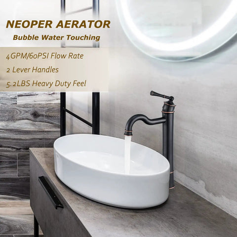 Vessel Sink Faucet Tall Deck Mount Bathroom Dope Look With ORB Finish Brass Construction Roman Arc Spout Pop Up Drain Assembly No Overflow Water Supply Lines Included installed next to oval sink on wooden countertop