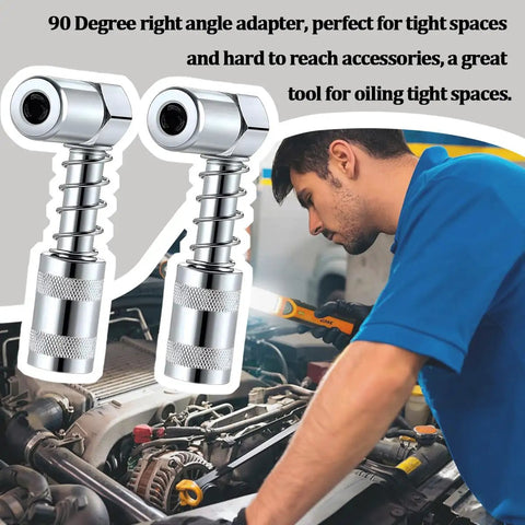 Mechanic using 90 Degree Grease Coupler Adapter 2 Pack For Tight Spaces Right Angle Grease Gun Fittings on vehicle engine