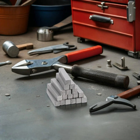 Stainless Steel Parallel Drive Key Stock 20 Pcs Rectangular Shaft Pins stacked beside metal workshop tools
