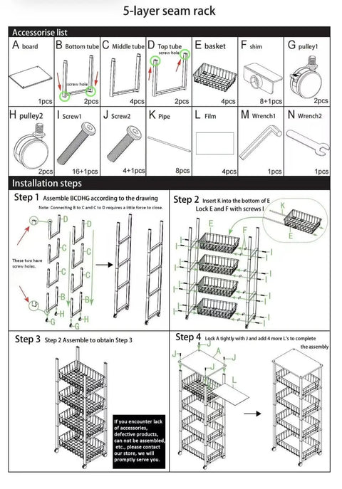 Assembly instructions for a 5-layer seam rack with labeled parts and installation steps.