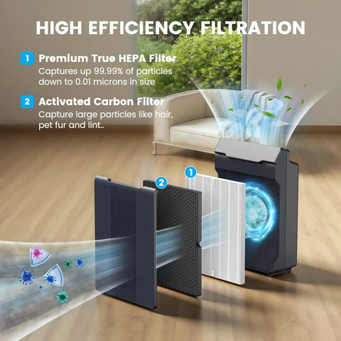 116130 True HEPA Replacement Filter Compatible With Winix 5500-2 And AM80 Air Purifier 3 Pack showing filtration process