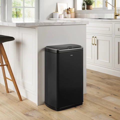 GarbagePro 13 Gallon Rectangular Trash Can With Hands Free Motion Sensor Battery Powered Matte Black Finish in kitchen