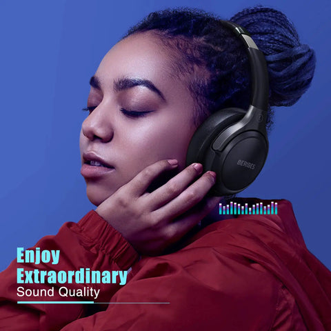 Over Ear Bluetooth Headphones with Badass 65 Hour Battery Hifi Stereo Sound That Knocks Your Socks Off in use with plush cushions.