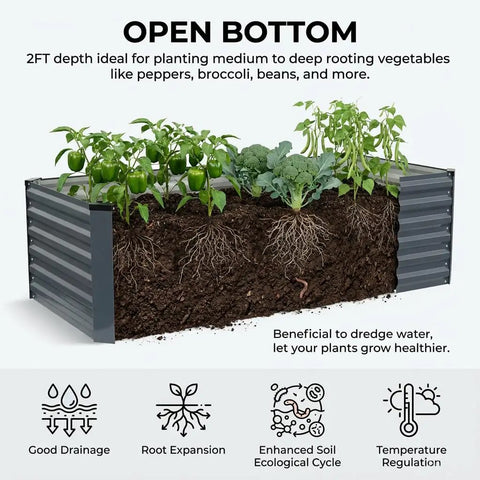 Cutaway view of Heavy-Duty Galvanized Raised Garden Bed 6x3x2 Ft For Vegetables, Outdoor Metal Planter Box with visible plant roots.